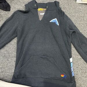 Aviator nation women’s  Dark Gray V-Neck hoodie with Blue stripes